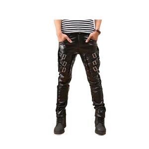 Mens Faux Leather Pants Buckles Hip Hop Leather Trousers 33